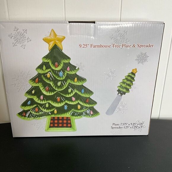 At Home by Mirabeau Farmhouse Christmas Tree Plate with Spreader Green Black New - Picture 1 of 6